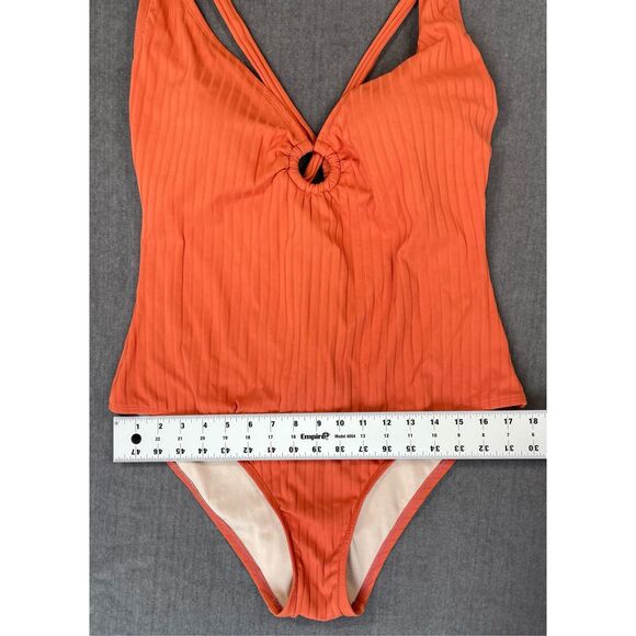 Kona Sol One Piece Swimsuit Women XL Orange Ribbed Ring Front V Neck Summer Swim - Picture 5 of 10